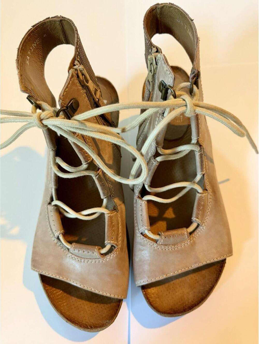 Miz Mooz Satine Lace Up Wedge Sandals Taupe Pink Leather Women’s EU 41 US 10